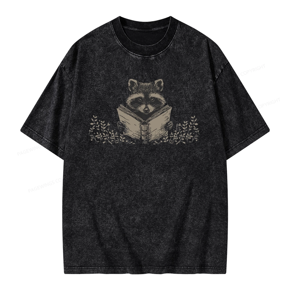 Pagewings Raccoon Reading Unisex Washed T-shirt
