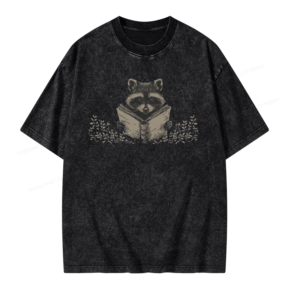 Pagewings Raccoon Reading Unisex Washed T-shirt