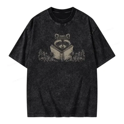 Pagewings Raccoon Reading Unisex Washed T-shirt