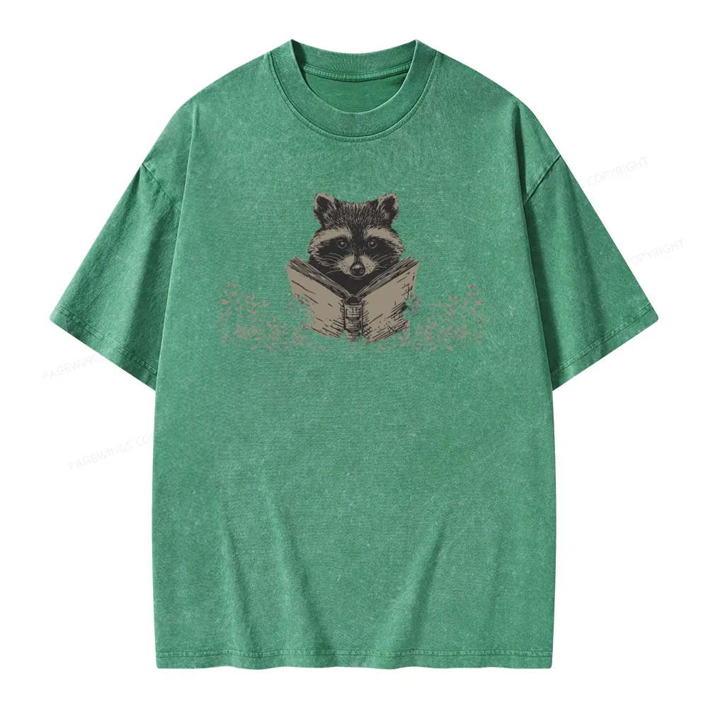 Pagewings Raccoon Reading Unisex Washed T-shirt