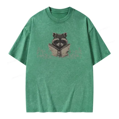 Pagewings Raccoon Reading Unisex Washed T-shirt