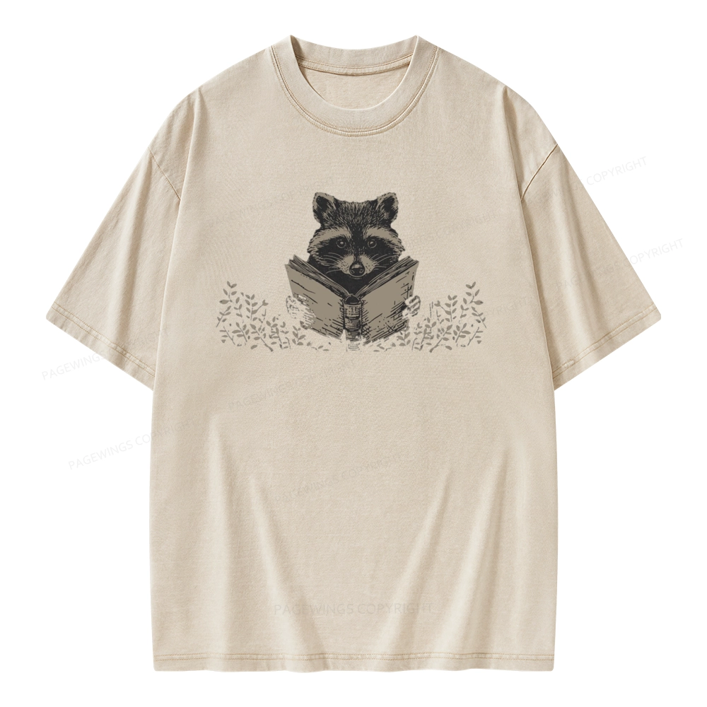 Pagewings Raccoon Reading Unisex Washed T-shirt