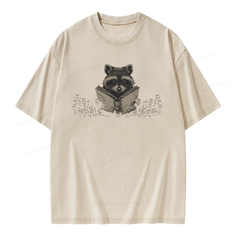 Pagewings Raccoon Reading Unisex Washed T-shirt
