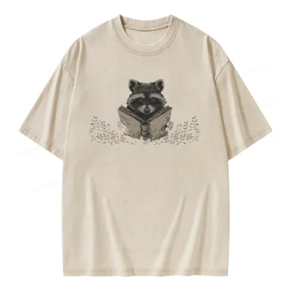 Pagewings Raccoon Reading Unisex Washed T-shirt
