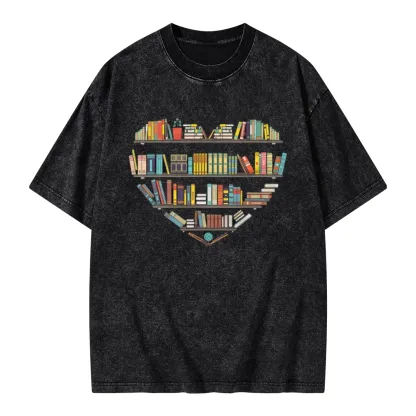 Pagewings Heart Bookshelves Unisex Washed T-shirt