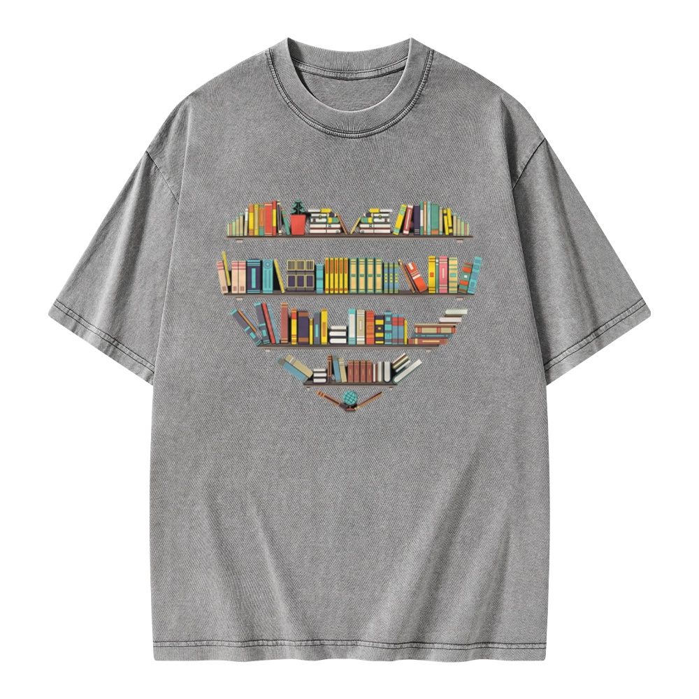 Pagewings Heart Bookshelves Unisex Washed T-shirt