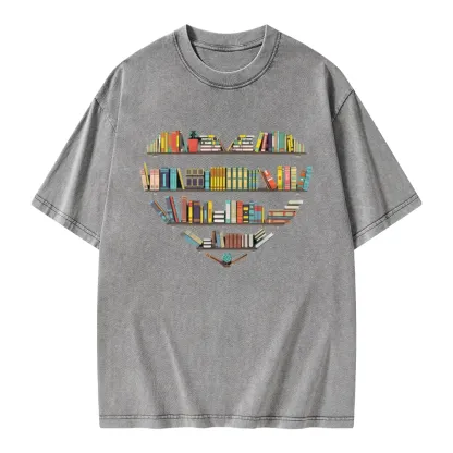 Pagewings Heart Bookshelves Unisex Washed T-shirt