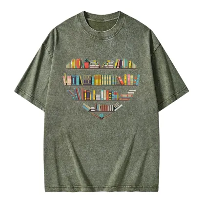 Pagewings Heart Bookshelves Unisex Washed T-shirt