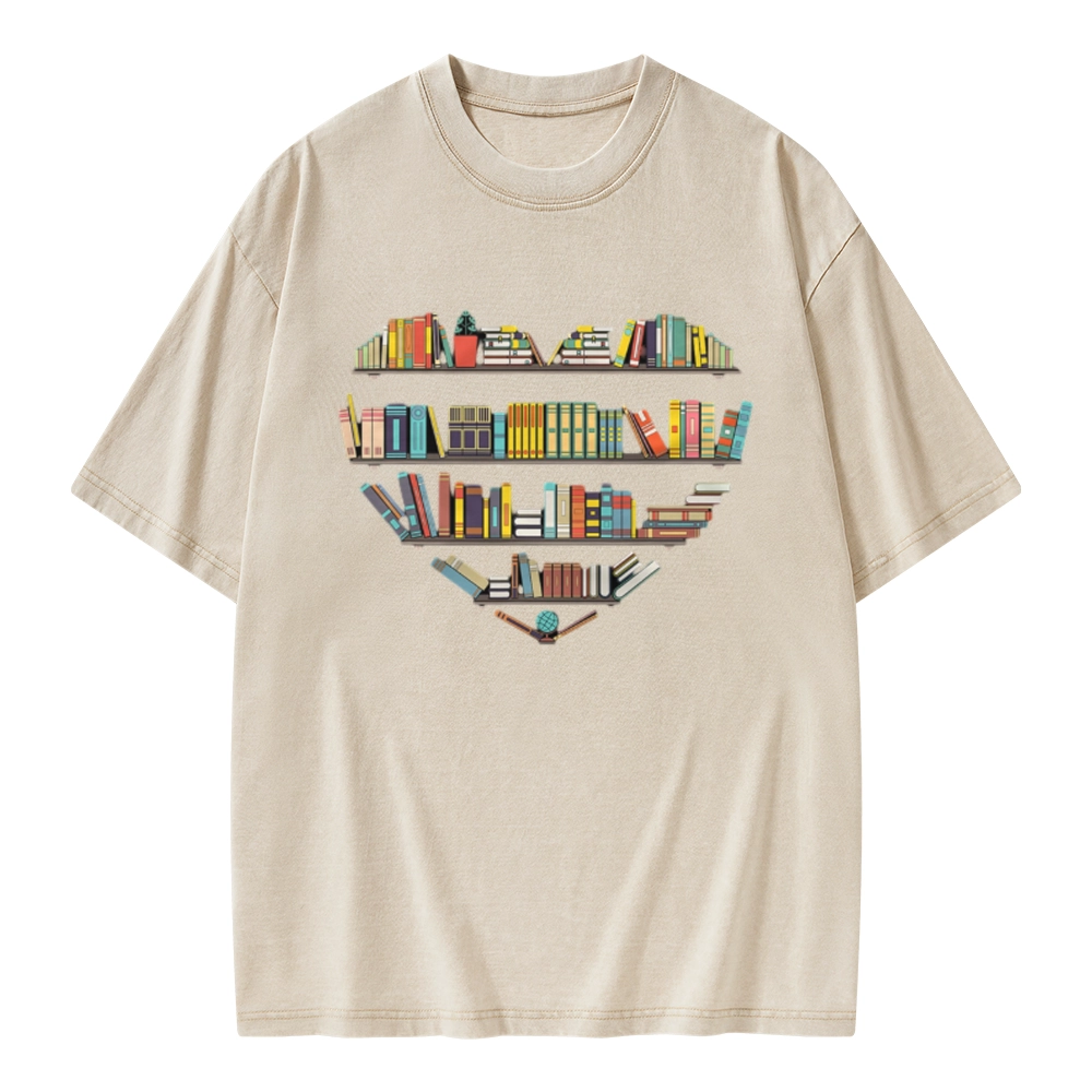 Pagewings Heart Bookshelves Unisex Washed T-shirt