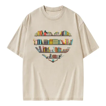 Pagewings Heart Bookshelves Unisex Washed T-shirt