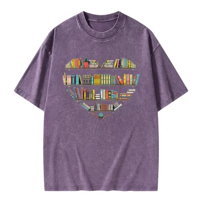 Pagewings Heart Bookshelves Unisex Washed T-shirt
