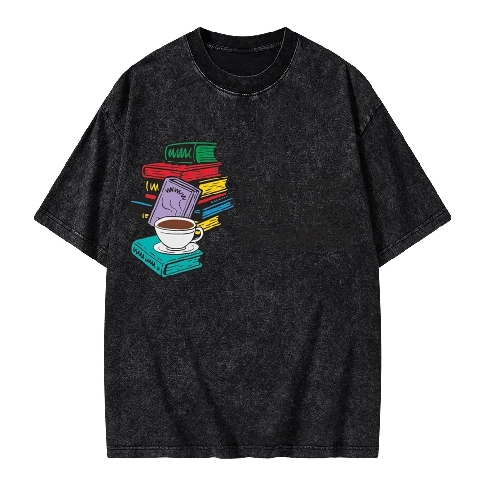 Pagewings Drink Tea Read Books Be Happy Unisex Washed T-shirt
