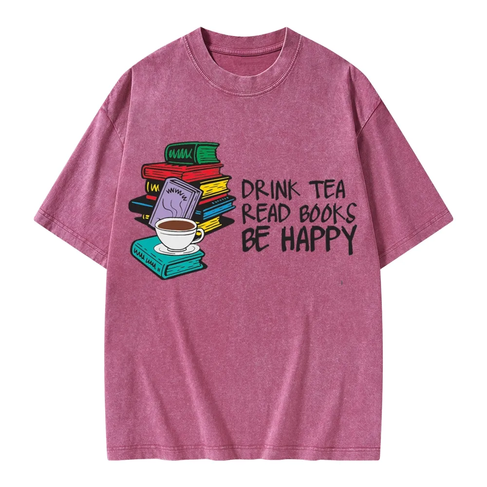 Pagewings Drink Tea Read Books Be Happy Unisex Washed T-shirt