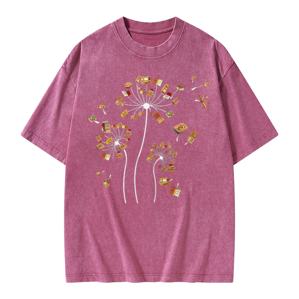 Pagewings Dandelion Flower Books Unisex Washed T-shirt