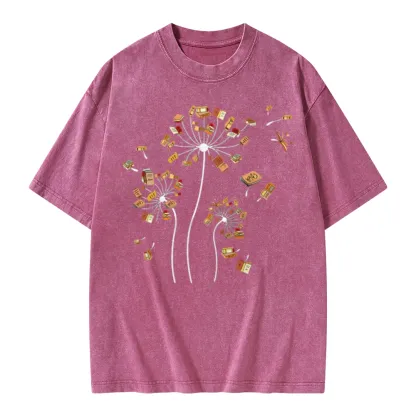 Pagewings Dandelion Flower Books Unisex Washed T-shirt