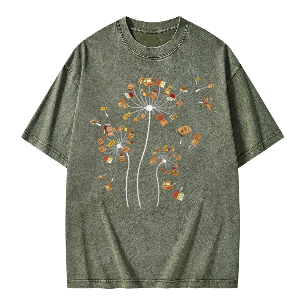 Pagewings Dandelion Flower Books Unisex Washed T-shirt