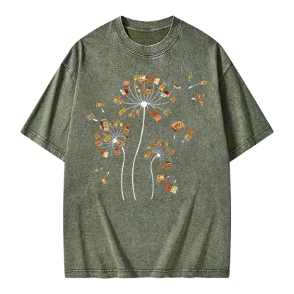 Pagewings Dandelion Flower Books Unisex Washed T-shirt