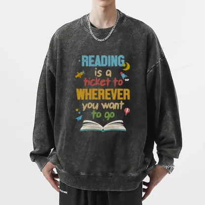 Pagewings Reading Is A Ticket Unisex Washed Sweatshirt