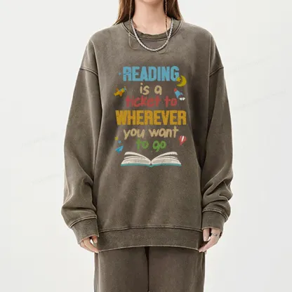 Pagewings Reading Is A Ticket Unisex Washed Sweatshirt