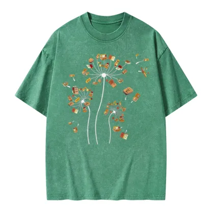 Pagewings Dandelion Flower Books Unisex Washed T-shirt