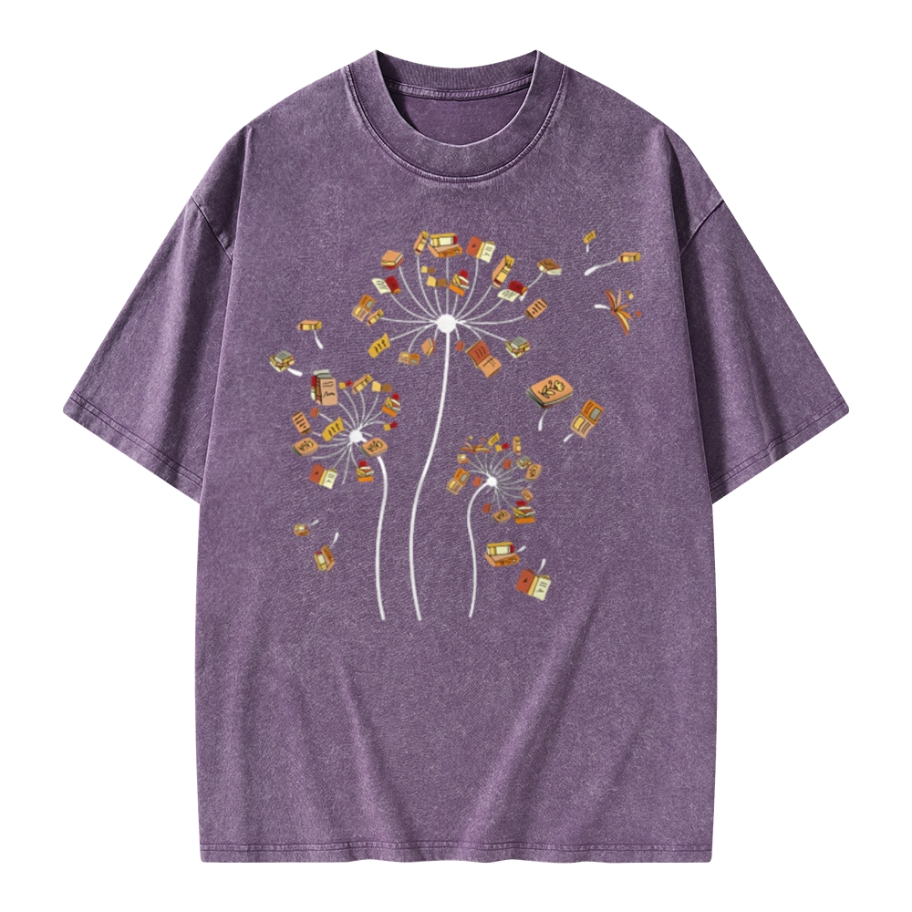 Pagewings Dandelion Flower Books Unisex Washed T-shirt