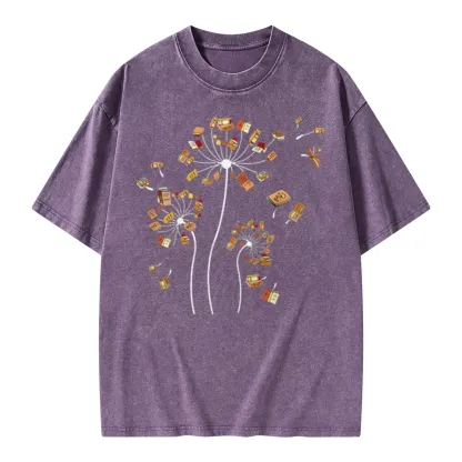 Pagewings Dandelion Flower Books Unisex Washed T-shirt