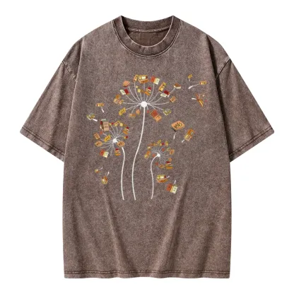 Pagewings Dandelion Flower Books Unisex Washed T-shirt