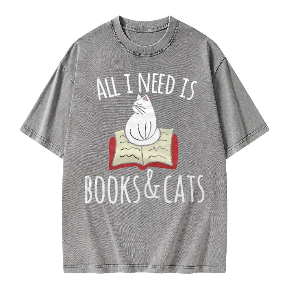 Pagewings All I Need Is Book & Cat Unisex Washed T-shirt