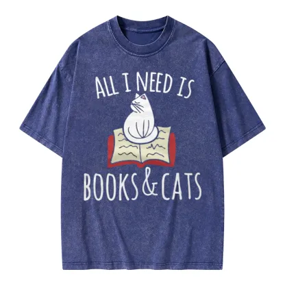 Pagewings All I Need Is Book & Cat Unisex Washed T-shirt