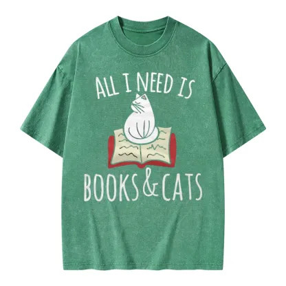 Pagewings All I Need Is Book & Cat Unisex Washed T-shirt