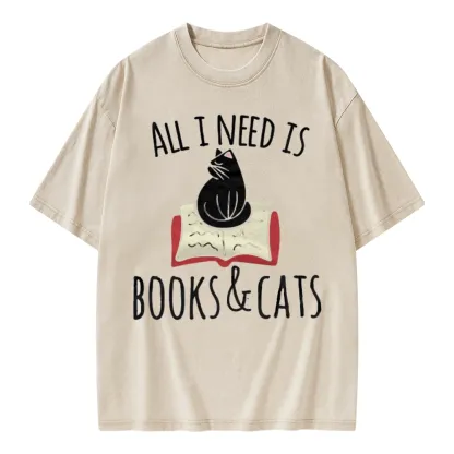 Pagewings All I Need Is Book & Cat Unisex Washed T-shirt