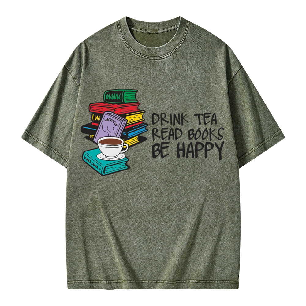 Pagewings Drink Tea Read Books Be Happy Unisex Washed T-shirt