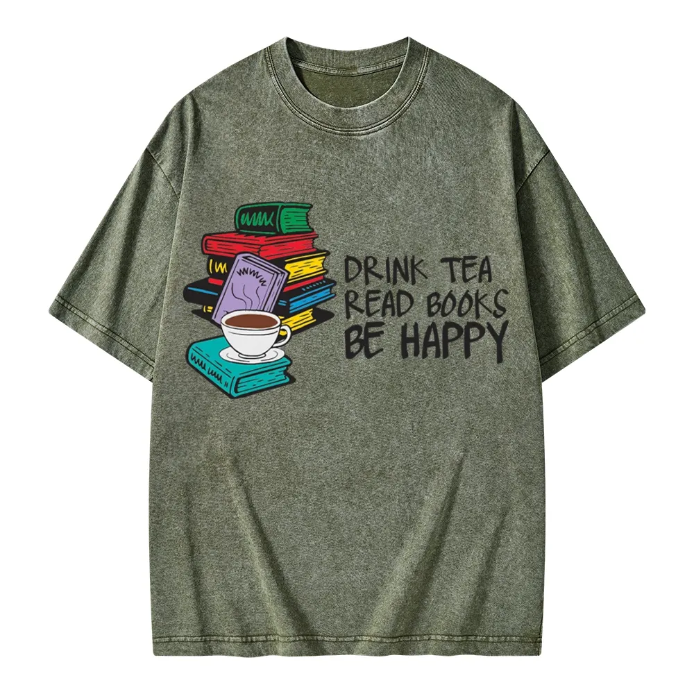 Pagewings Drink Tea Read Books Be Happy Unisex Washed T-shirt