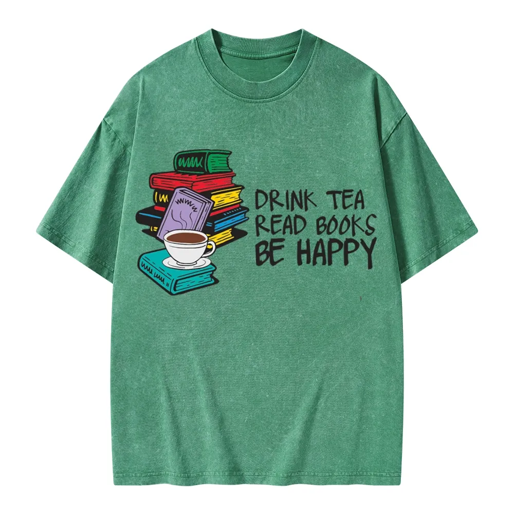 Pagewings Drink Tea Read Books Be Happy Unisex Washed T-shirt