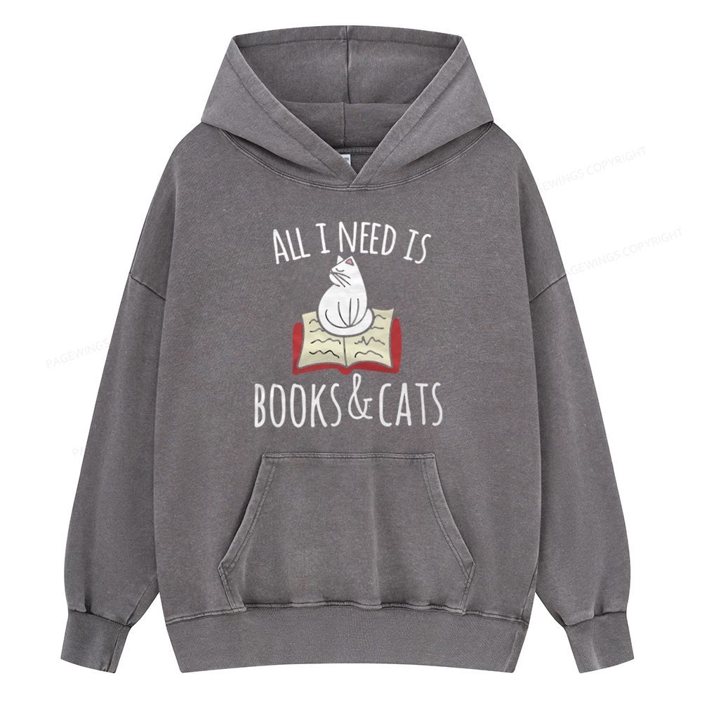 Pagewings All I Need Is Book & Cat Unisex Washed Hoodie