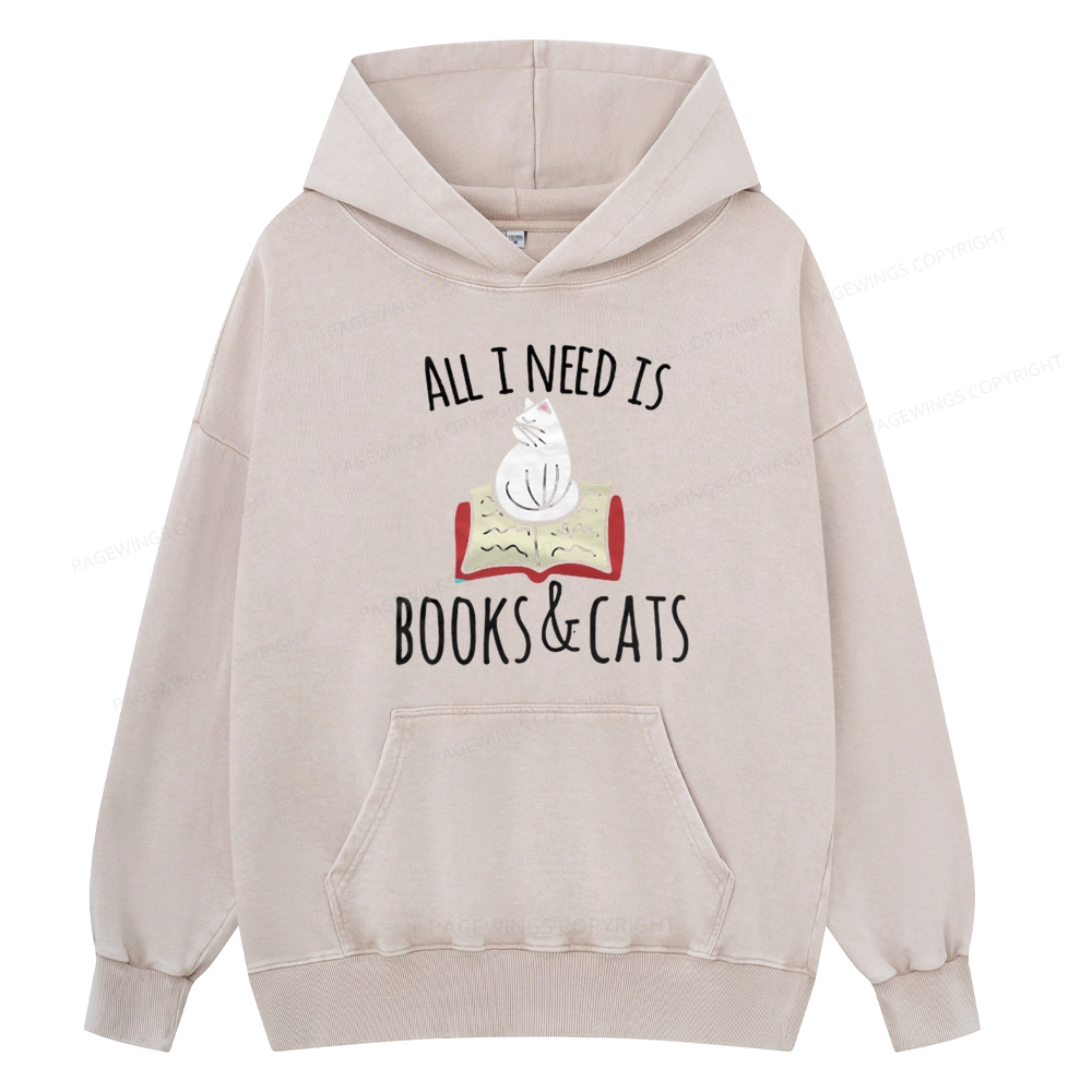 Pagewings All I Need Is Book & Cat Unisex Washed Hoodie