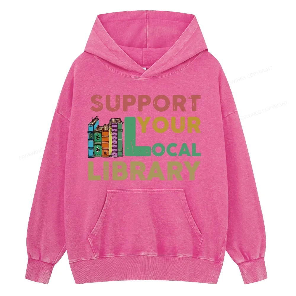 Pagewings Support Your Local Library Unisex Washed Hoodie