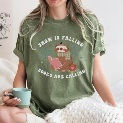 Pagewings Snow Is Falling Books Are Calling Unisex Washed T-shirt