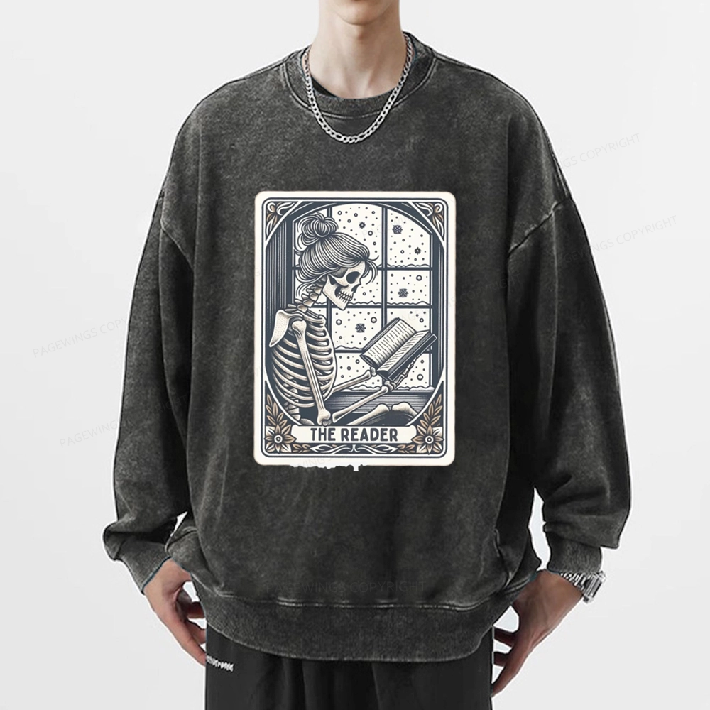 Pagewings Skeleton Reading Unisex Washed Sweatshirt