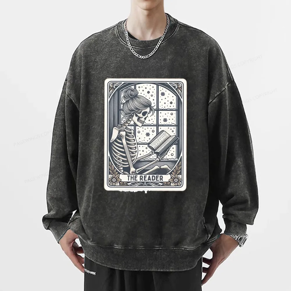 Pagewings Skeleton Reading Unisex Washed Sweatshirt