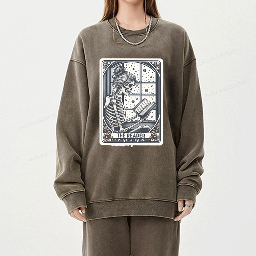 Pagewings Skeleton Reading Unisex Washed Sweatshirt