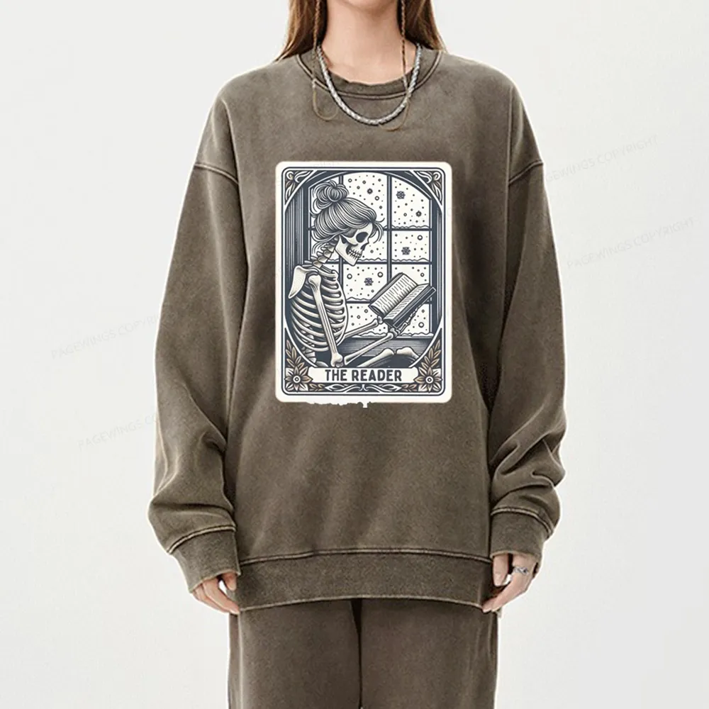 Pagewings Skeleton Reading Unisex Washed Sweatshirt
