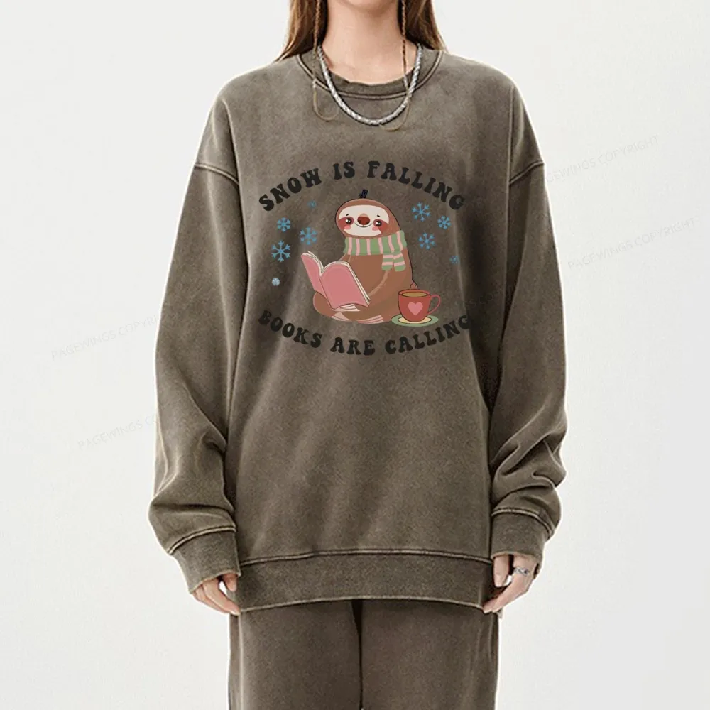 Pagewings Snow Is Falling Books Are Calling Unisex Washed Sweatshirt
