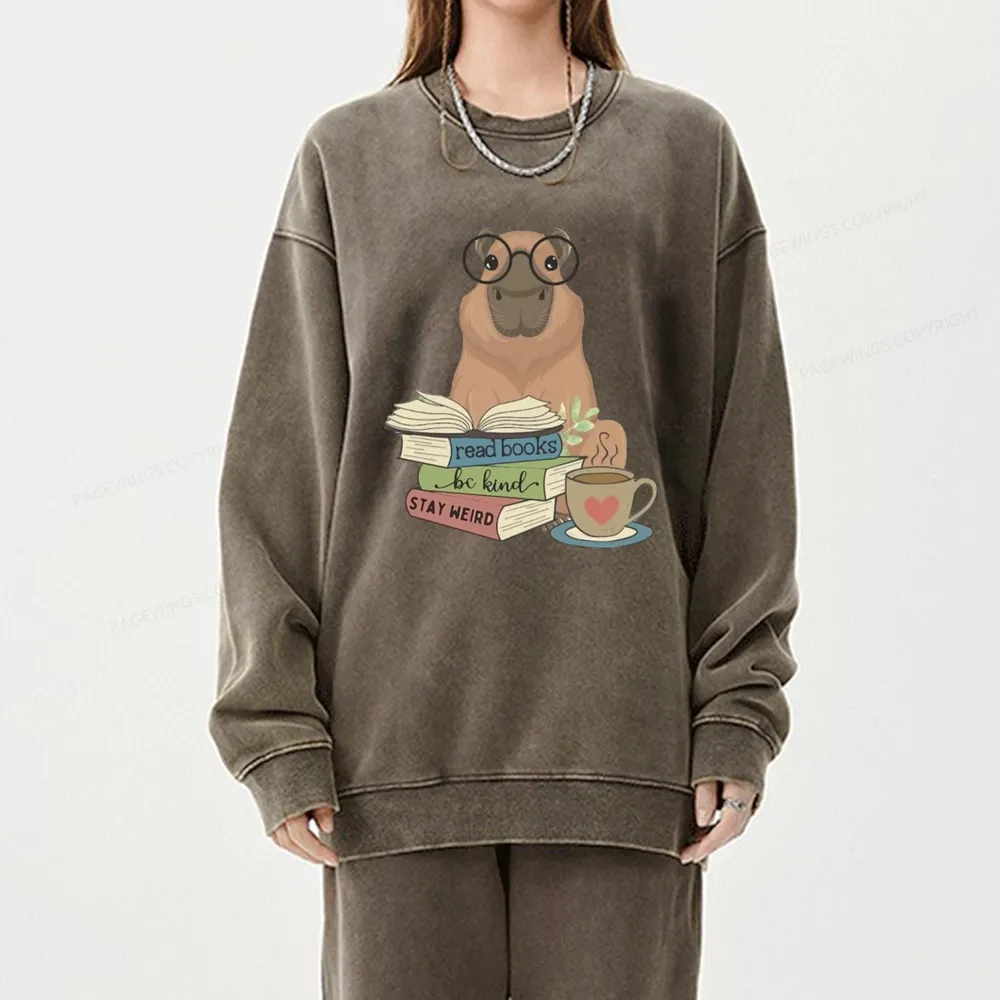 Pagewings Capybara Reading Unisex Washed Sweatshirt