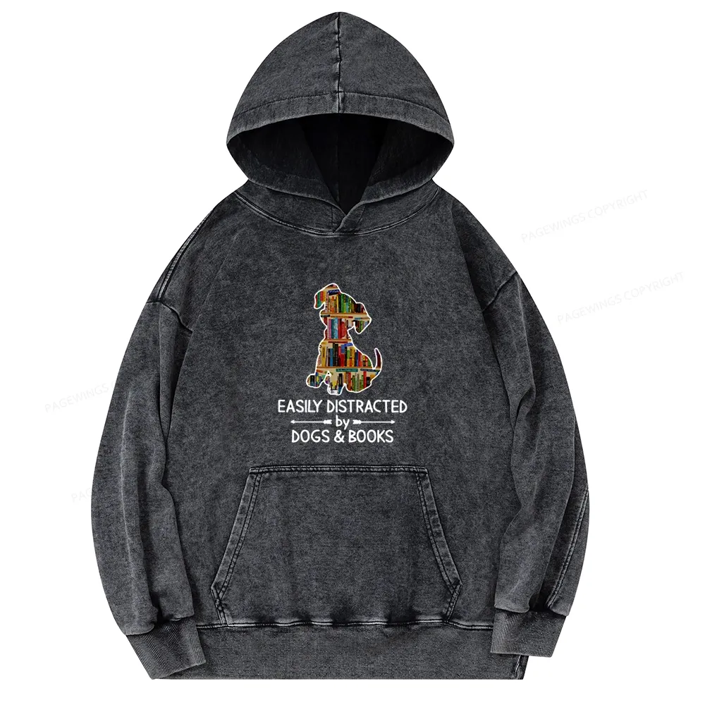 Pagewings Easily Distracted By Dogs And Books Unisex Washed Hoodie