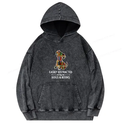 Pagewings Easily Distracted By Dogs And Books Unisex Washed Hoodie