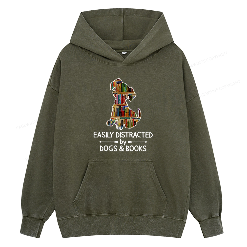 Pagewings Easily Distracted By Dogs And Books Unisex Washed Hoodie