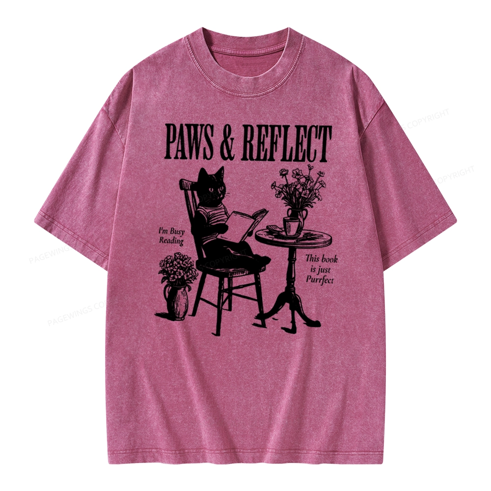 Pagewings Funny Cat Reading Unisex Washed T-shirt