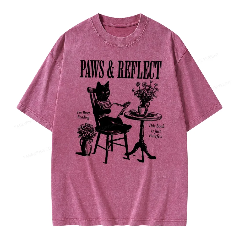 Pagewings Funny Cat Reading Unisex Washed T-shirt