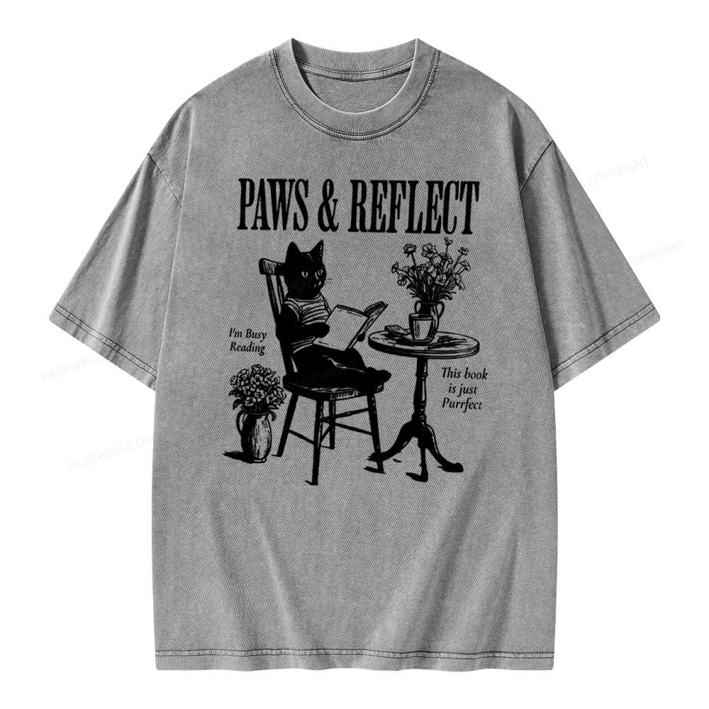 Pagewings Funny Cat Reading Unisex Washed T-shirt